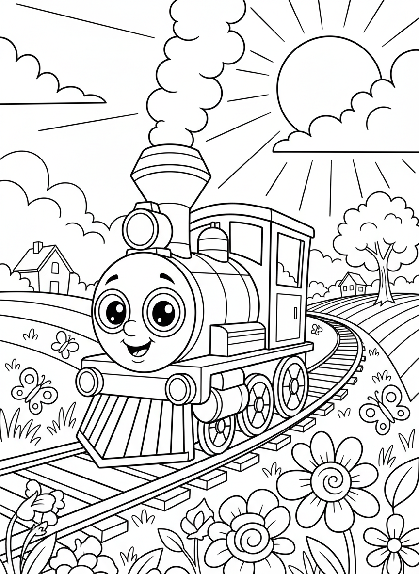 A cartoon-style train engine with big round headlights like eyes, traveling through a sunny countryside with flowers and butterflies