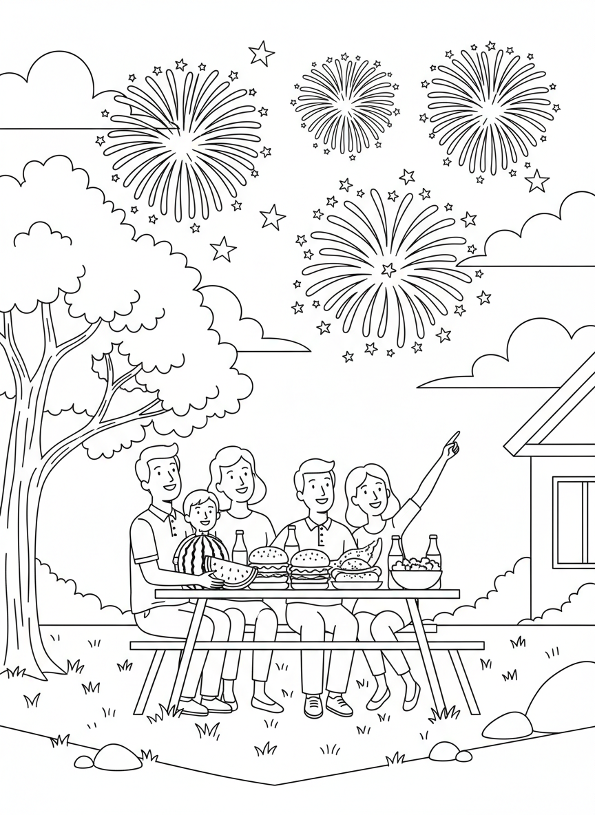 A picnic table loaded with summer foods and drinks in the foreground, with a family watching fireworks in the background.
