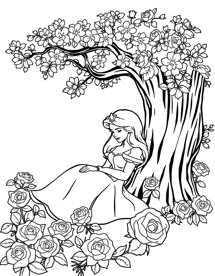 Sleeping Beauty (Aurora) – A princess resting peacefully under a tree, with roses blooming around her.
