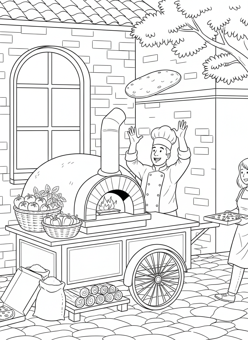 A pizza food cart with a wood-fired oven, showing a chef tossing pizza dough in the air with ingredient baskets nearby.
