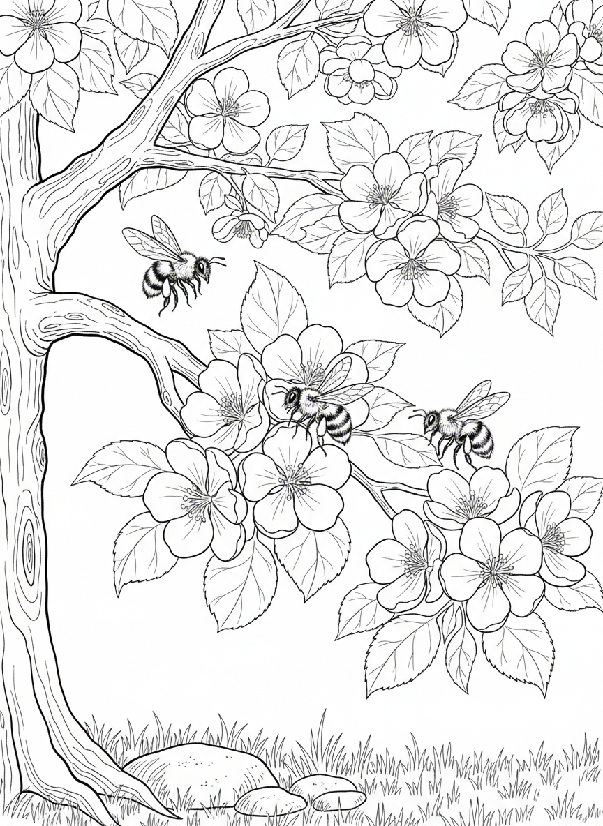 A flowering apple tree branch with several bees visiting the blossoms, nature scene showing pollination.