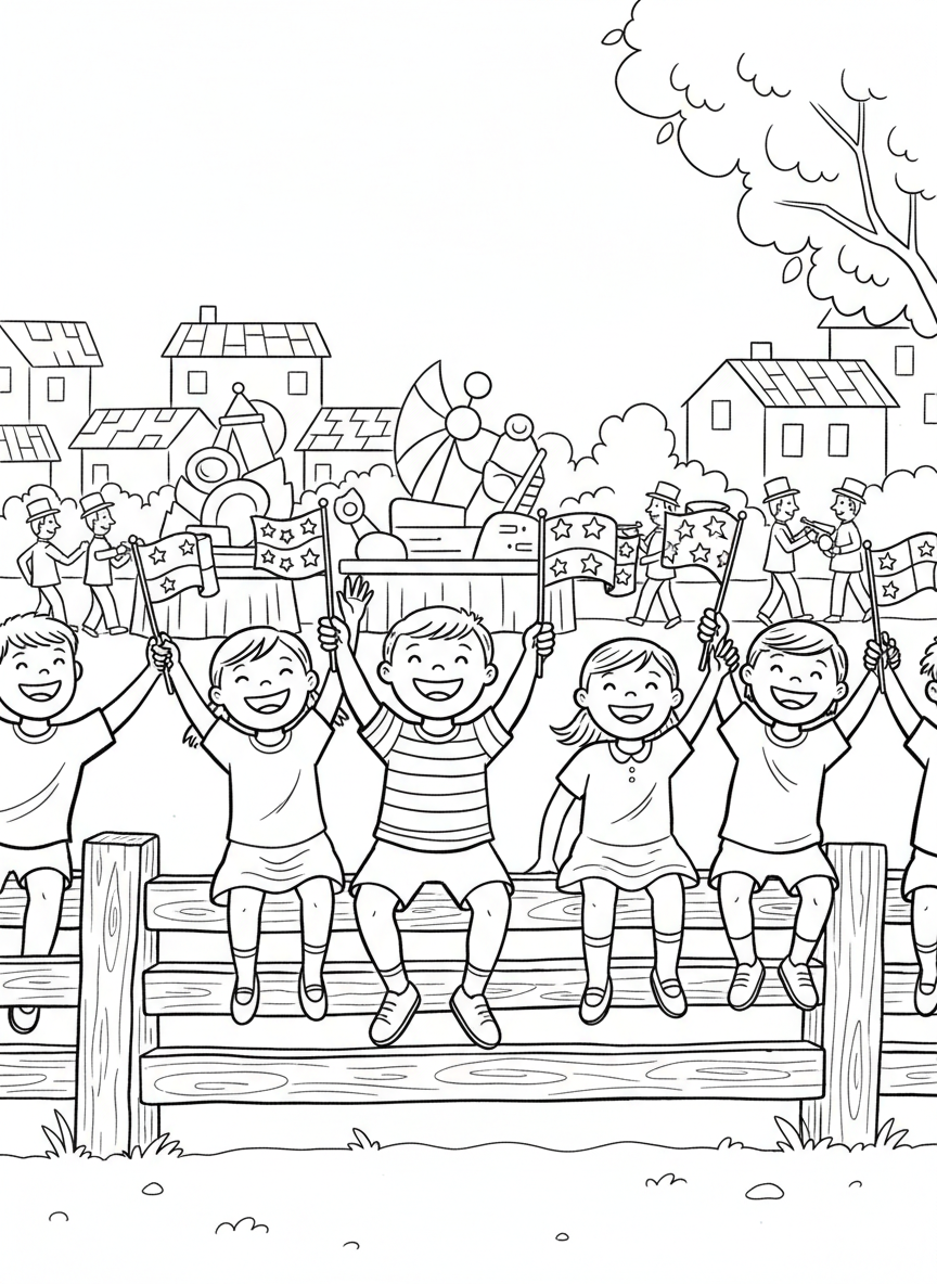 Children waving small flags while sitting on a fence watching a parade, happy expressions and simple details