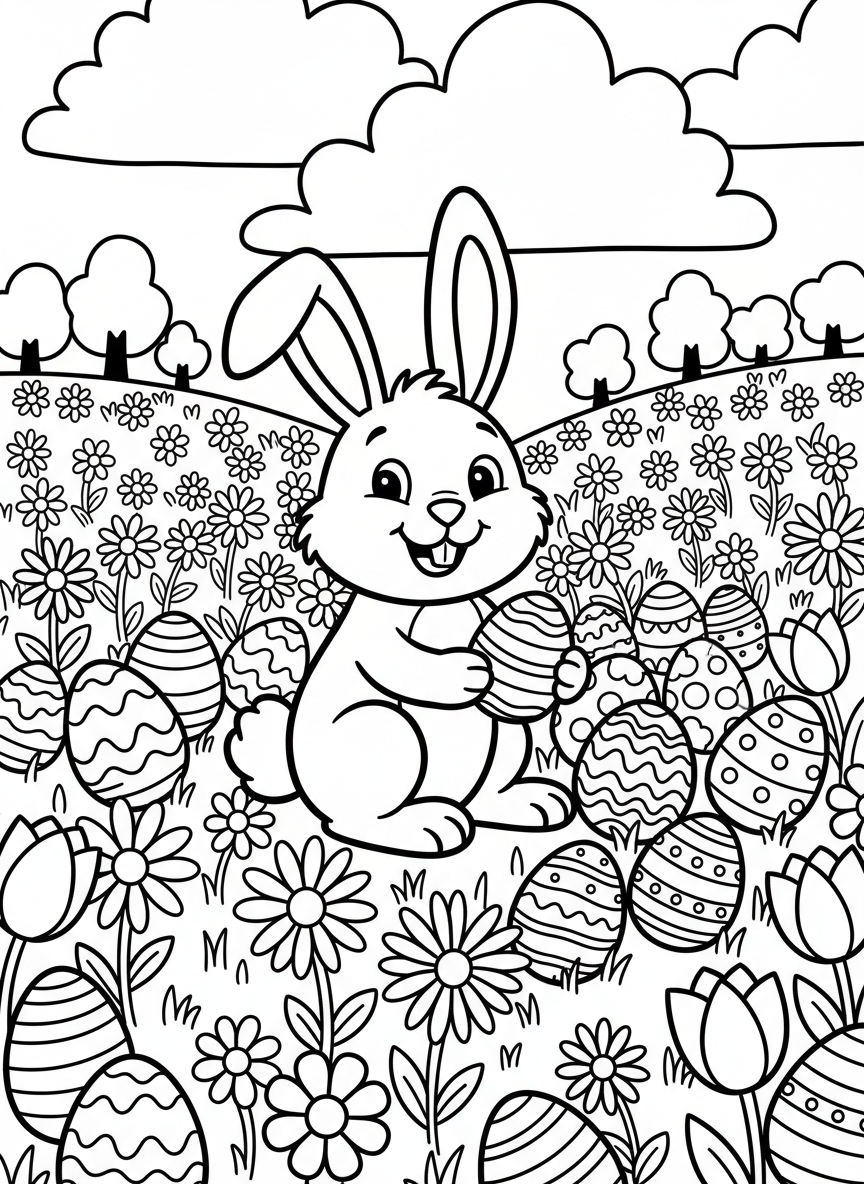 A cheerful Easter bunny sitting in a meadow surrounded by decorated eggs, daisies, and tulips, simple line art for young children
