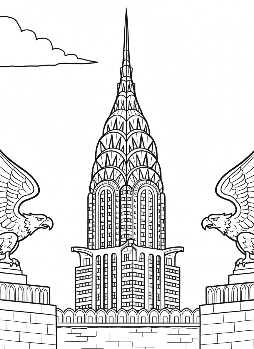 The Chrysler Building's distinctive Art Deco spire and upper floors, detailed architectural elements, eagle gargoyles, iconic skyscraper close-up.