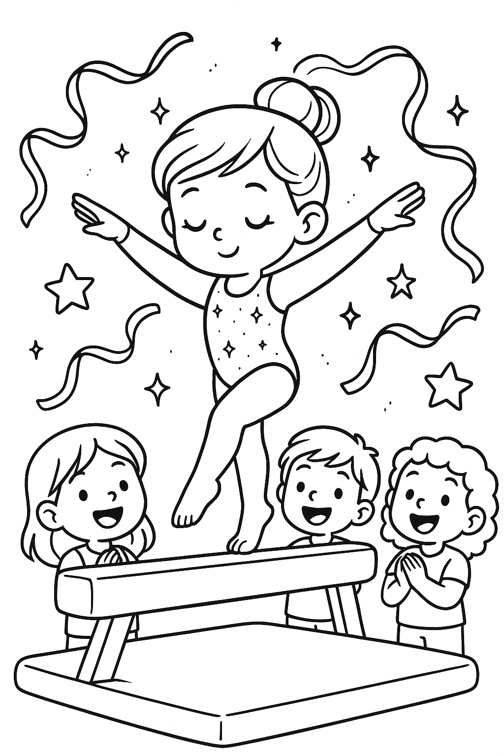 A focused young gymnast performing on a balance beam, arms stretched gracefully, sparkly leotard, soft mats below, ribbons and stars floating around, big encouraging smiles from friends, and a magical, kid-friendly style.
