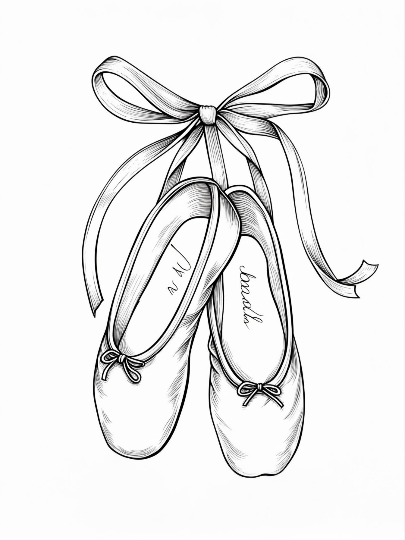 Ballet Shoes: A close-up of a pair of satin ballet slippers with long ribbons tied in a perfect bow.