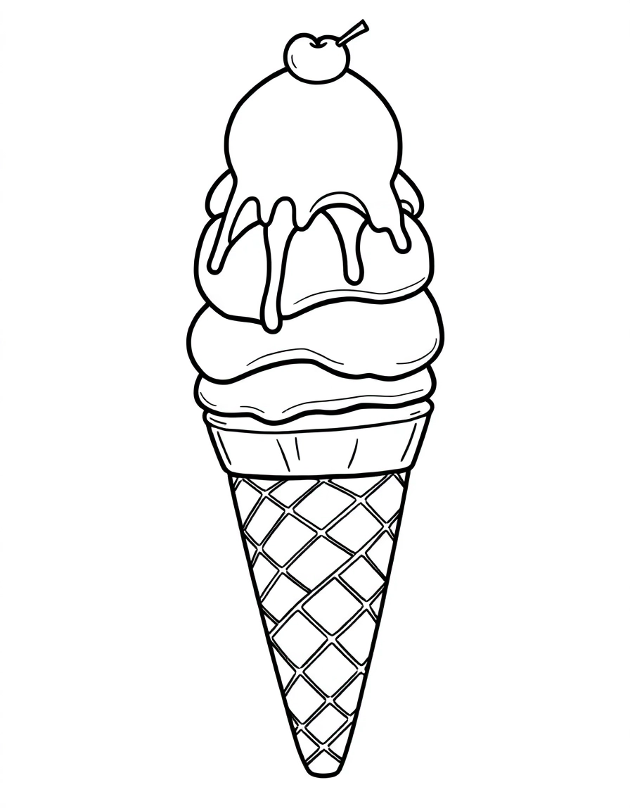 A towering ice cream cone with three scoops of different flavors, drizzled with syrup and topped with a cherry