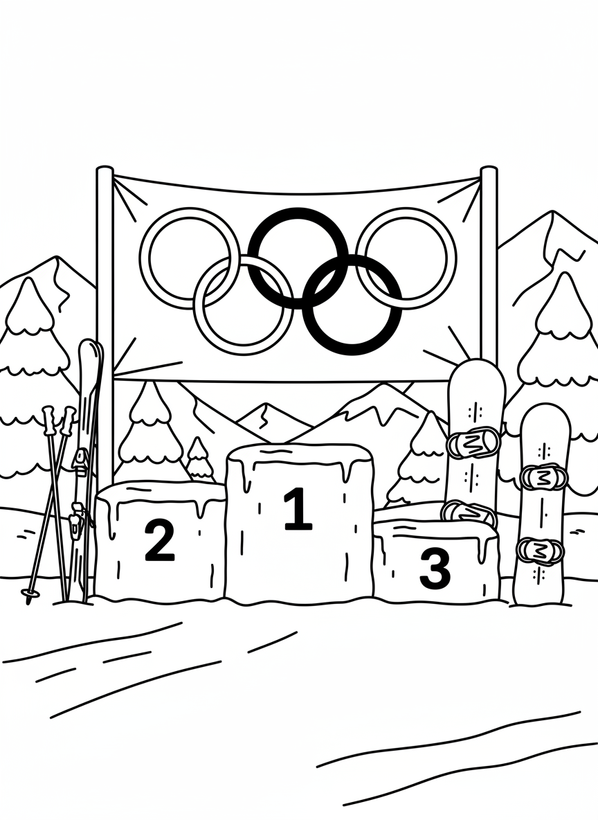 A medal ceremony podium with three levels, Olympic rings banner above, and winter sports equipment like skis and snowboards nearby.