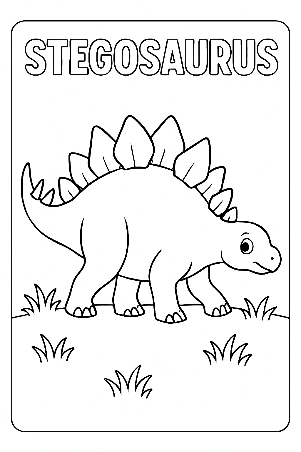 A spiky Stegosaurus walking through grass, with clear, bold lines suitable for coloring.