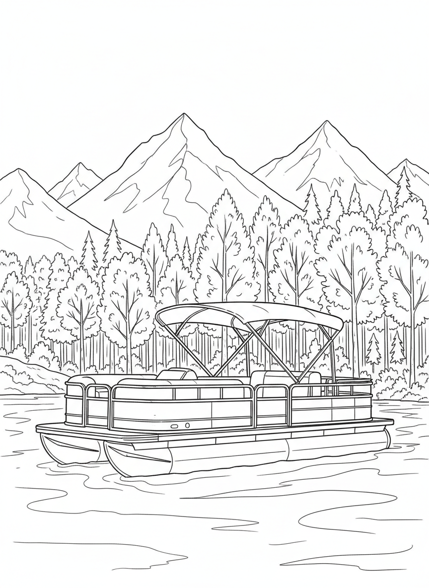 A pontoon boat with a canopy top and railings, floating on a calm river with trees and mountains in the distance.