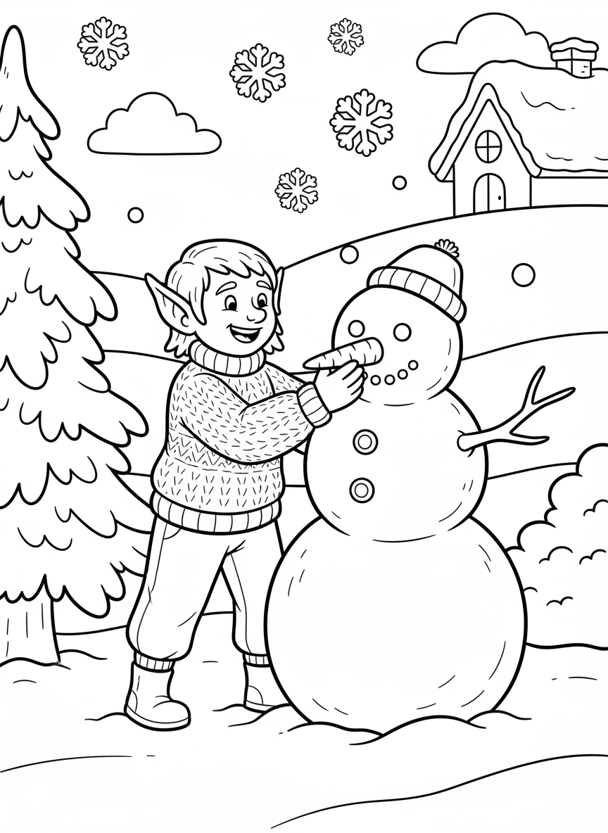 A cheerful elf-like character with long ears building a snowman with carrot nose and buttons, winter scene coloring page