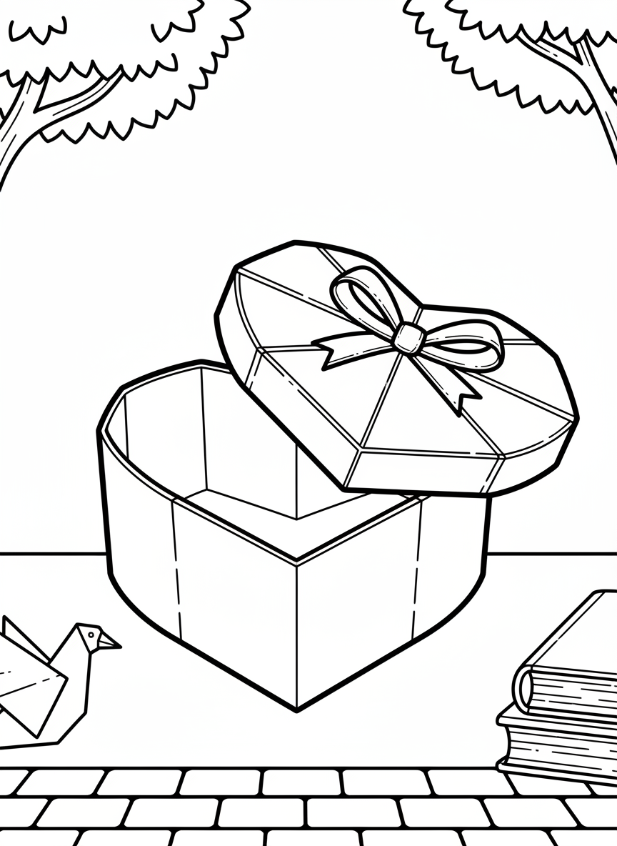 An origami heart-shaped box with an open lid, showing the folded construction lines and a small gift bow on top.