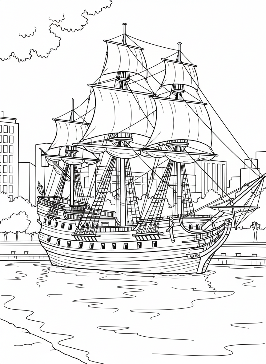 The Santa Maria replica ship docked along the Scioto River with sails, rigging, and water details for coloring