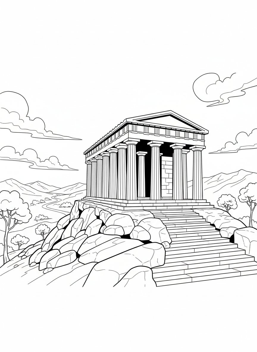 A Greek temple standing atop a hill with large columns, stone steps, and sweeping views of the surrounding landscape.