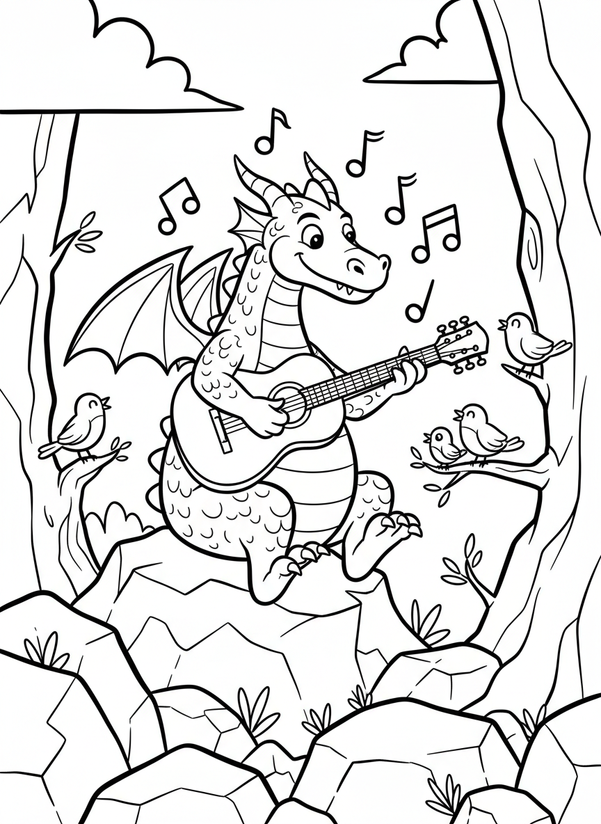 A dragon playing a guitar while sitting on a rock, with musical notes and small birds listening nearby