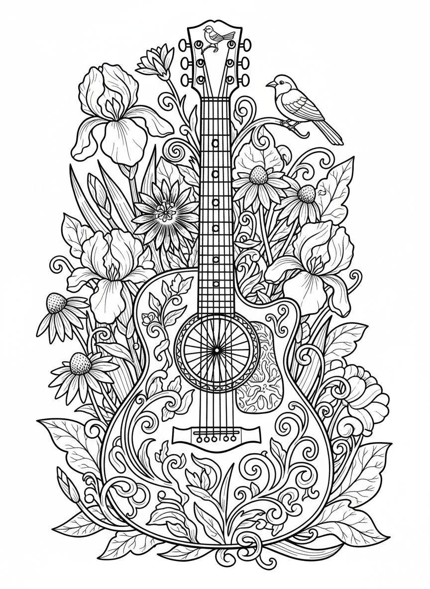A detailed acoustic guitar with decorative patterns on its body, surrounded by Tennessee state flowers and leaves.