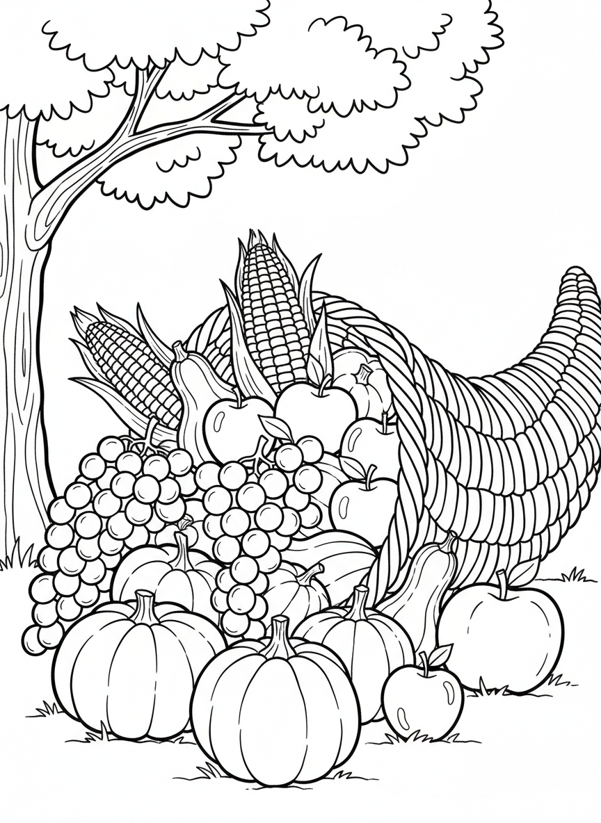A detailed cornucopia basket filled with harvest vegetables including corn, grapes, apples, and gourds spilling out.