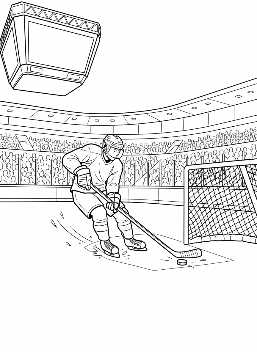 A hockey player taking a powerful slap shot, stick bent back, with motion lines showing the puck flying toward the goal.