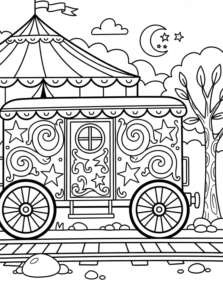 A circus train car decorated with stars and swirls, with a small window and large wheels on tracks.
