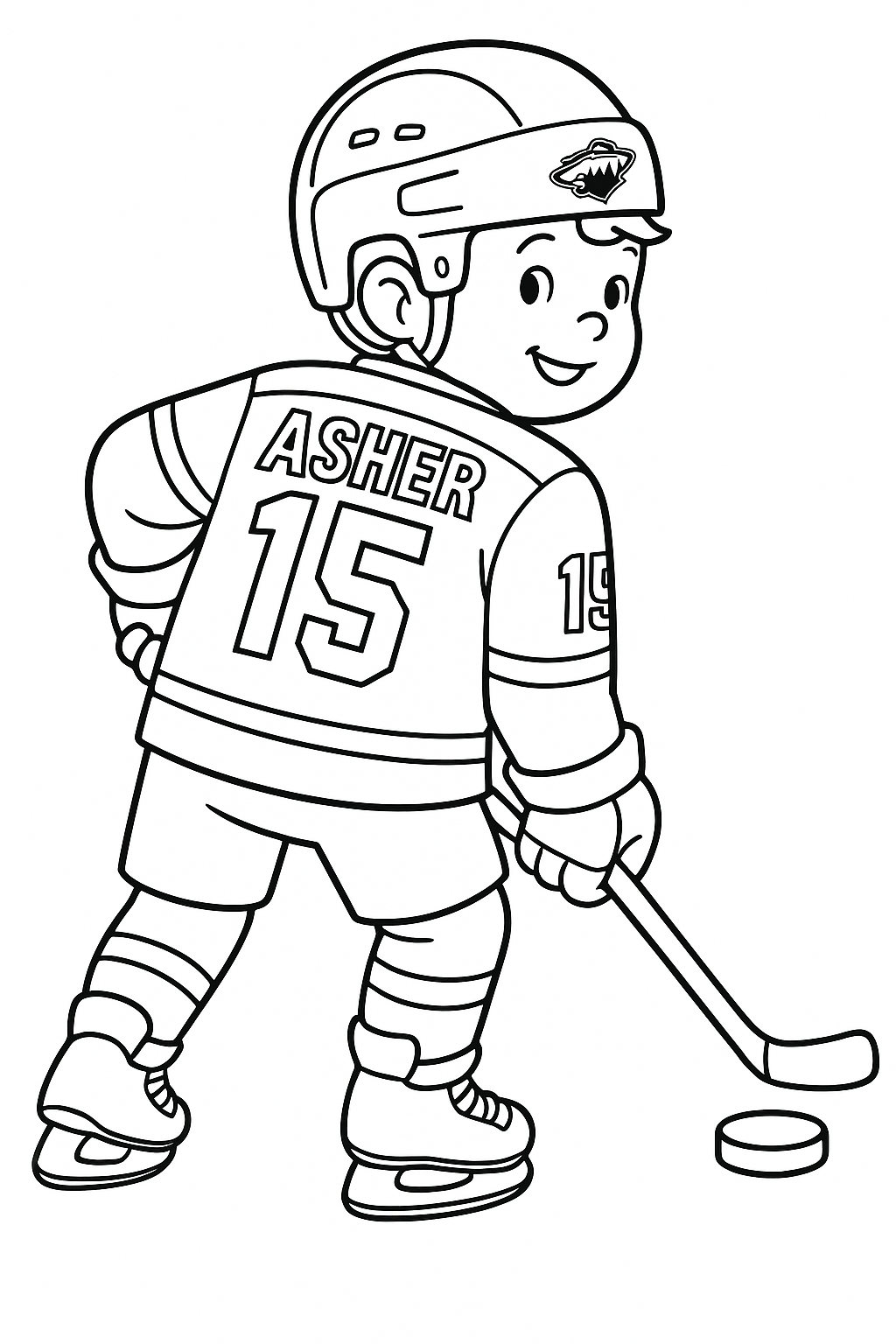 a young boy playing ice hockey wearing a Minnesota Wild jersey, with the name "Asher" on the back of the jersey