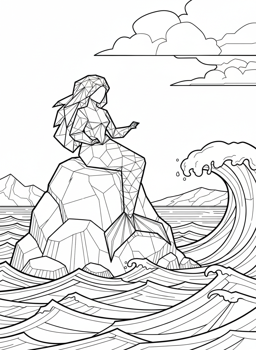 An origami mermaid with triangular tail fins and geometric hair folds, sitting on a rock by the ocean, line art