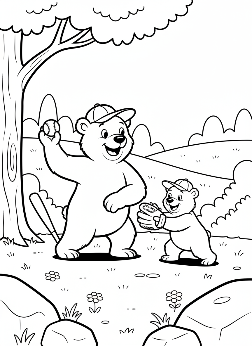 A father bear and baby bear playing catch with a baseball in a sunny meadow, both wearing baseball caps and smiling