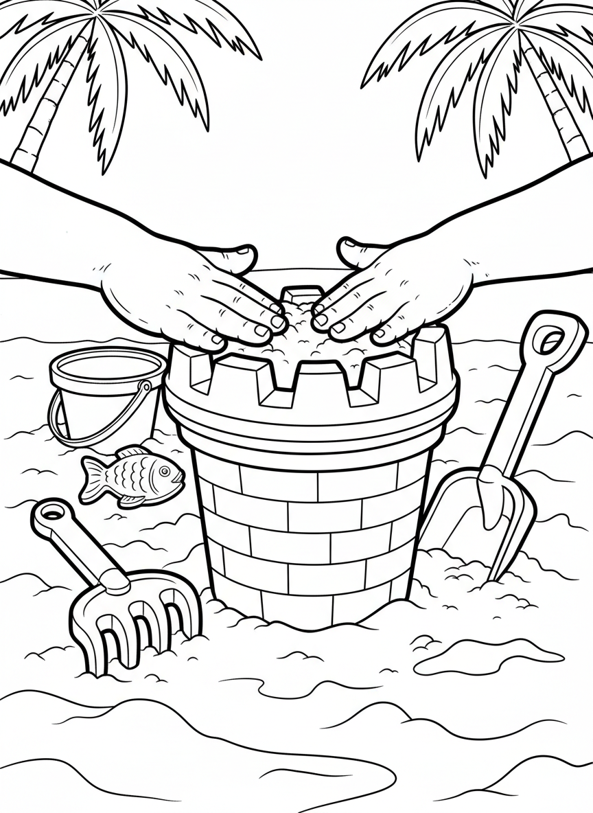 A close-up of small hands patting sand into a bucket mold, with other beach toys like rakes and shovels scattered around.