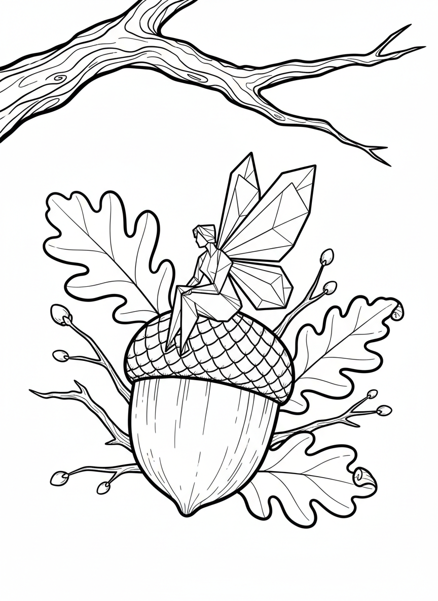 An origami fairy with layered geometric wings resting on a large acorn, with oak leaves and twigs in the background
