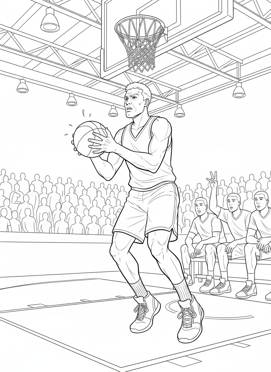 A basketball player shooting a free throw at the line with focused concentration, teammates watching from the sideline.