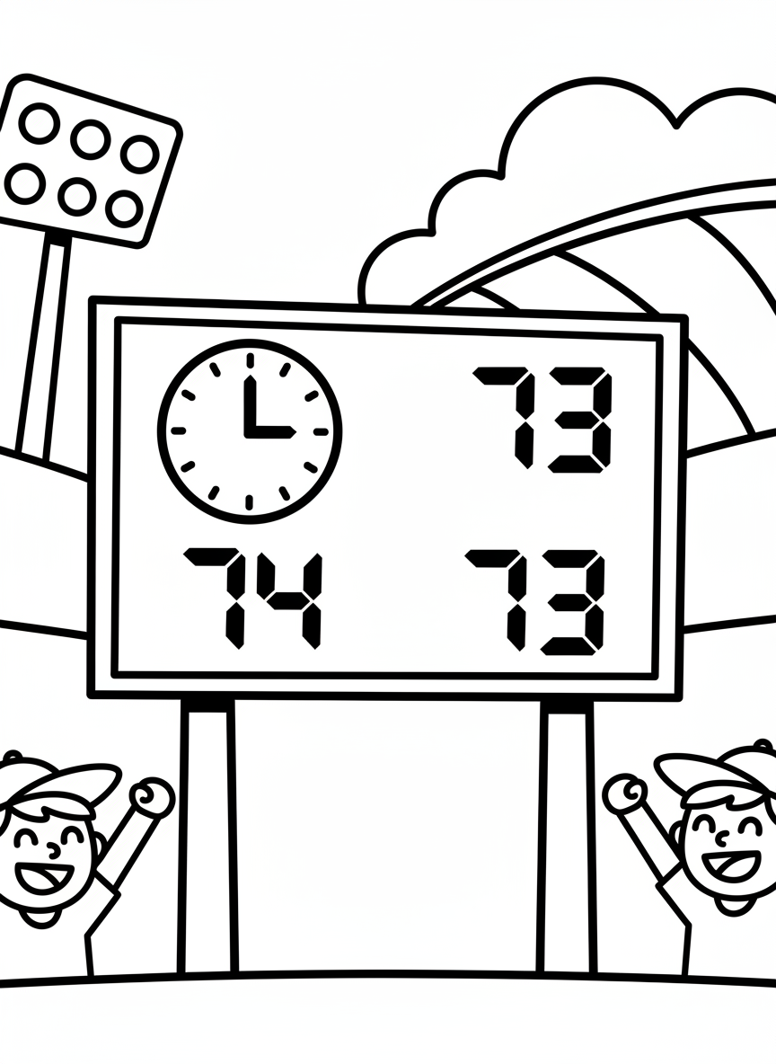 A scoreboard showing the final seconds of a close game, with a clock and score numbers, simple design for kids.