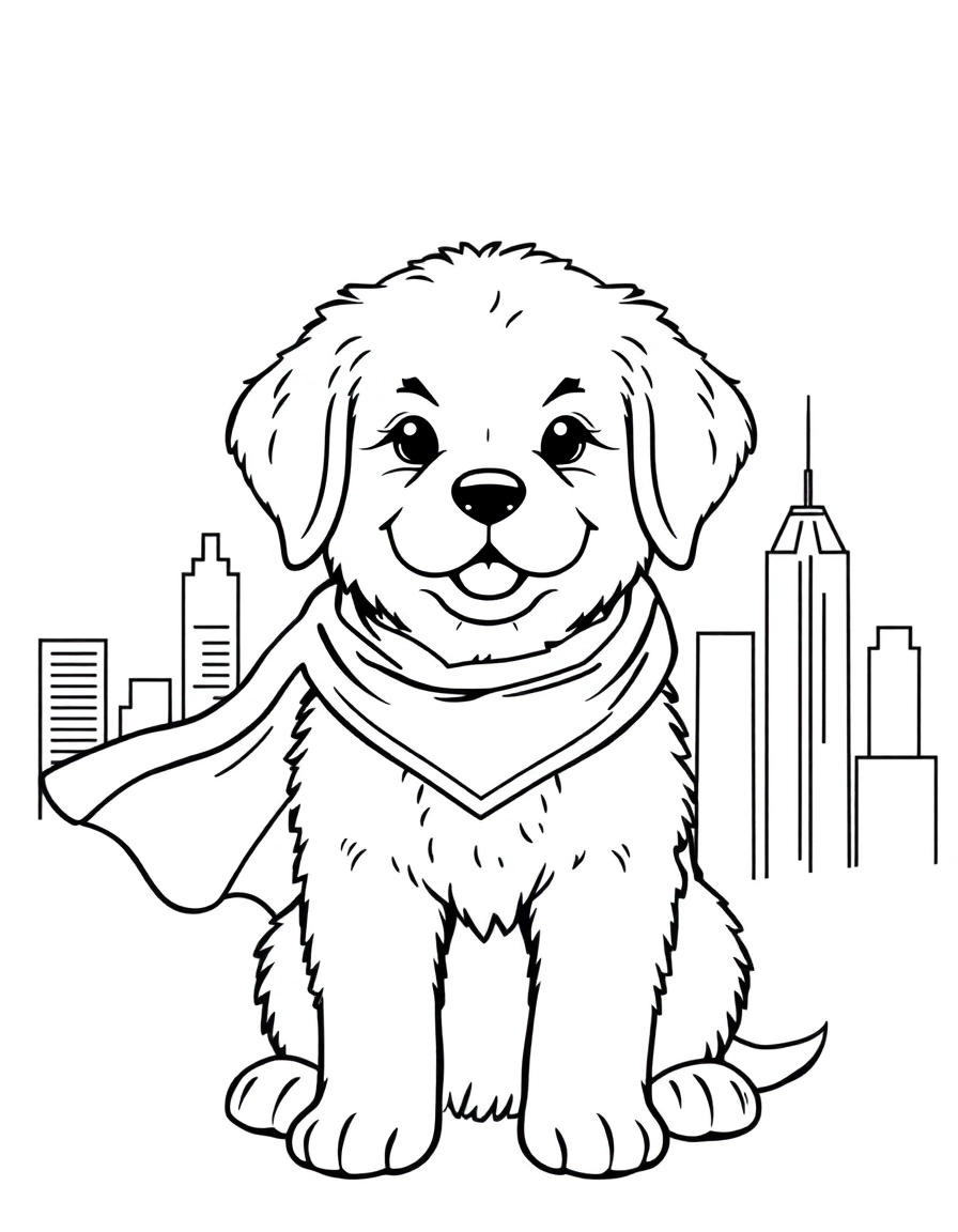A fluffy golden retriever puppy wearing a superhero cape, sitting proudly in front of a city skyline.