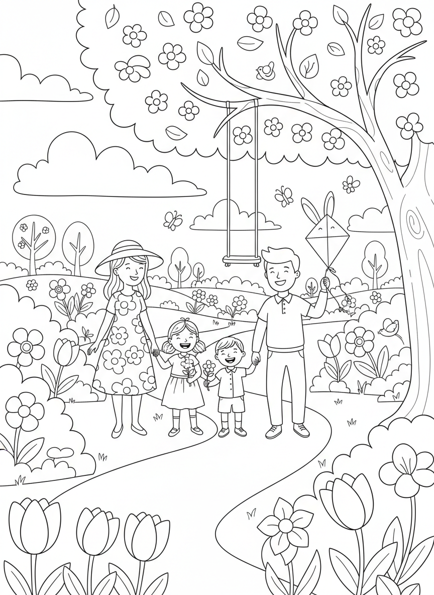 Easter coloring page prompts celebrating springtime, renewal, family gatherings, and seasonal joy.	A family walking together through a spring park, flowers and greenery surrounding them.