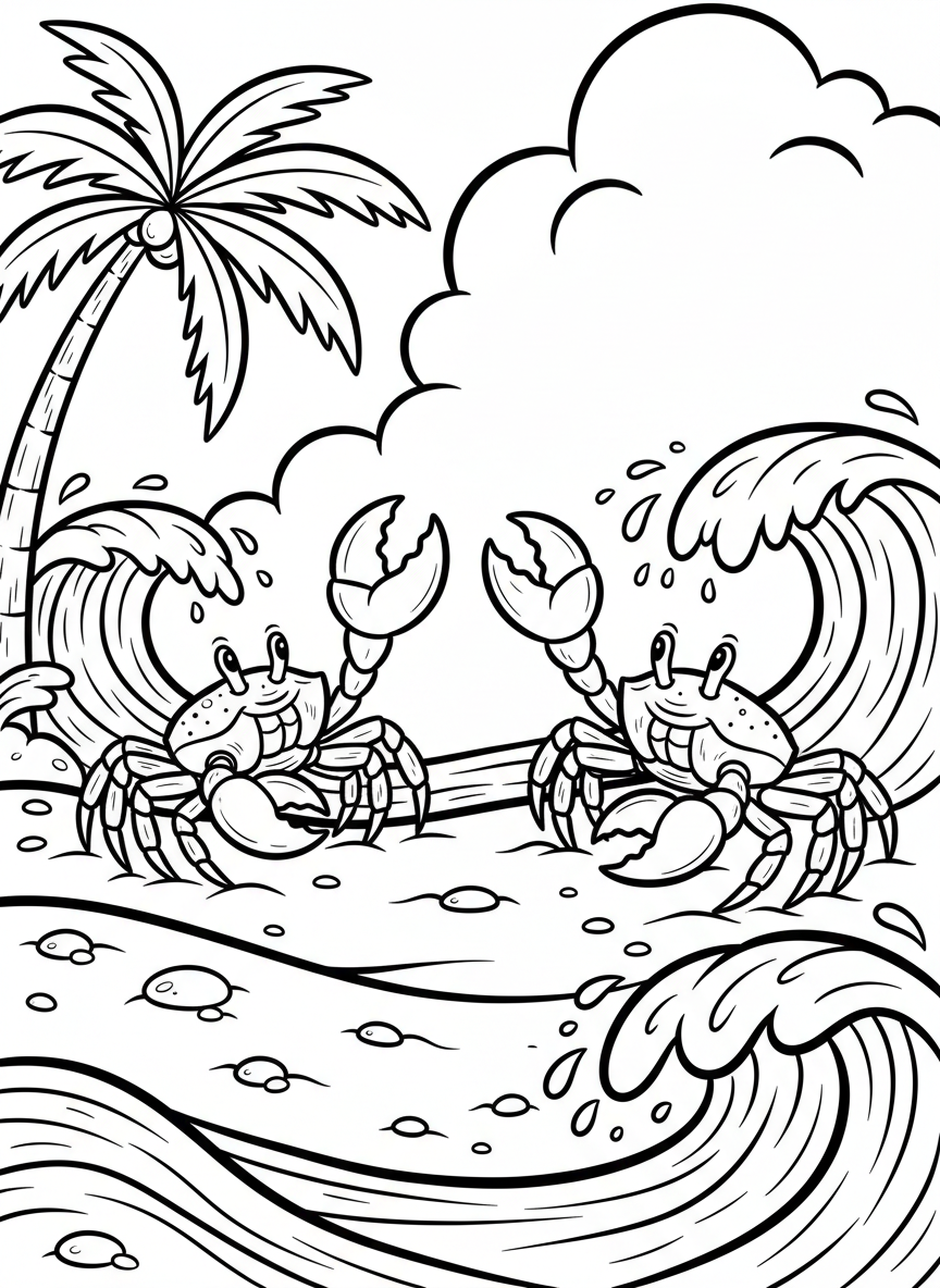 Two playful crabs with big claws facing each other on a beach with waves in the background.