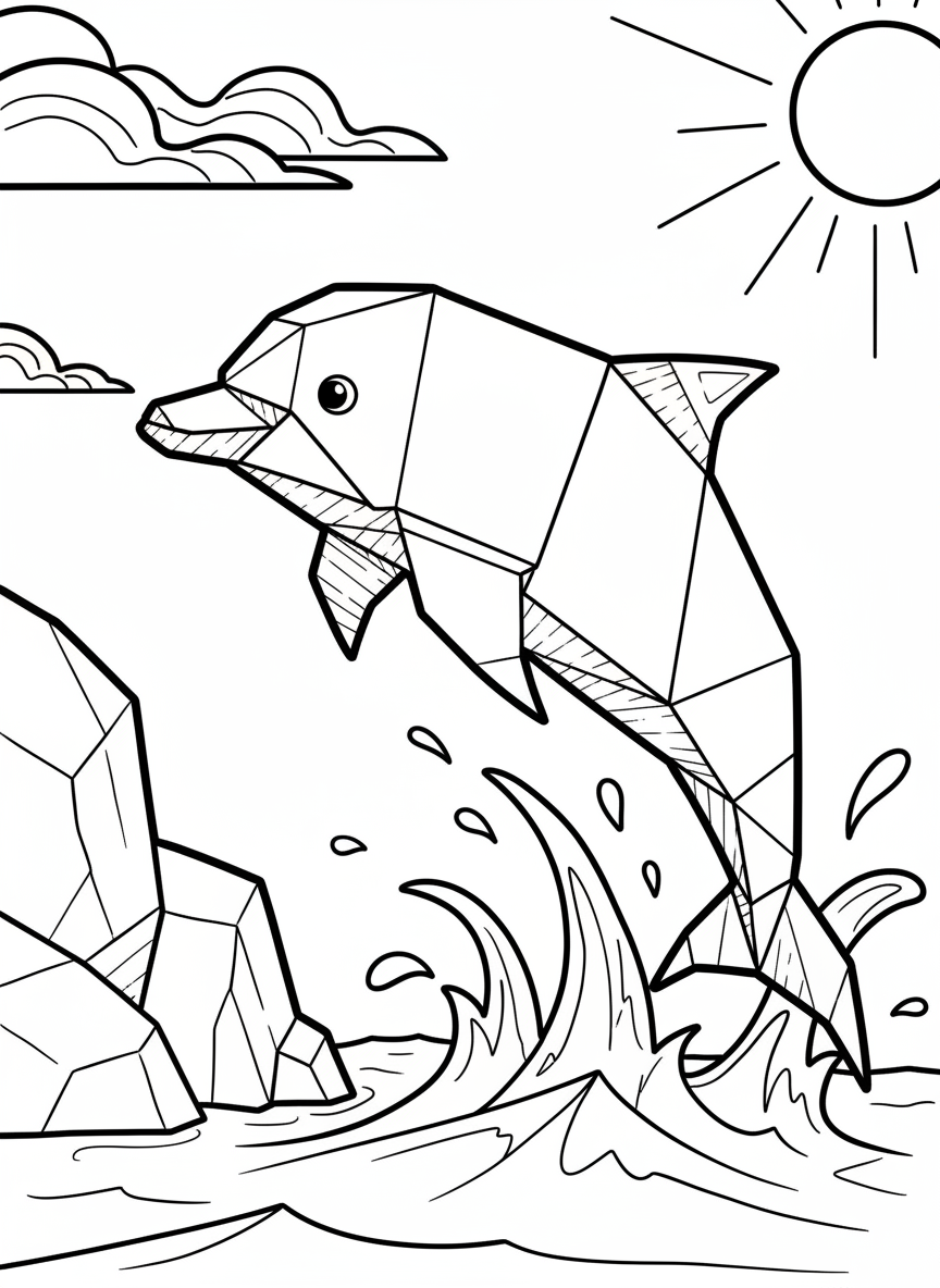 An origami dolphin jumping through the air, showing clear paper fold lines and sharp geometric edges, with a simple sun in the background.