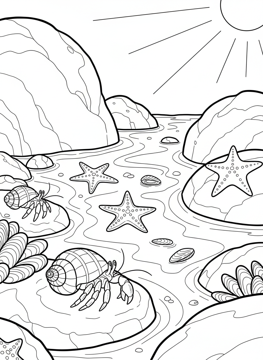 Wide tide pool scene with multiple hermit crabs, sea stars, mussels, and rocky formations under a sunny sky.