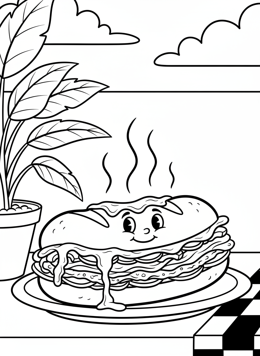 A friendly cartoon cheesesteak sandwich with a smiling face, melted cheese dripping, sitting on a plate with wavy steam lines above it.