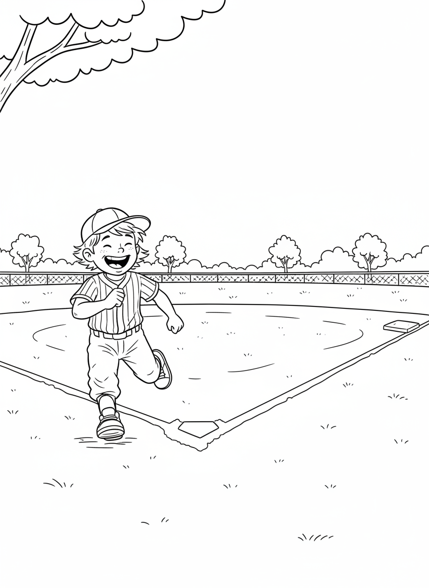 A child running the bases with a big smile, rounding first base and heading toward second with determination.