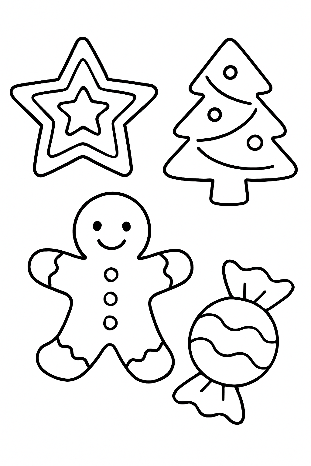 Gingerbread cookie assortment: star cookie, tree cookie, gingerbread man cookie, candy-shaped cookie