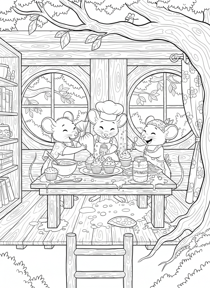 Three mice friends decorating cupcakes at a treehouse kitchen table, with frosting and sprinkles scattered around.