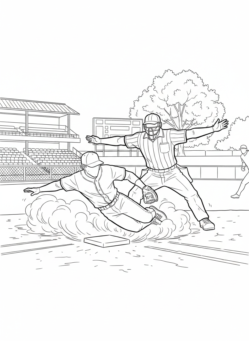A baseball player sliding into base with dust clouds around them, umpire making the call gesture in the background.