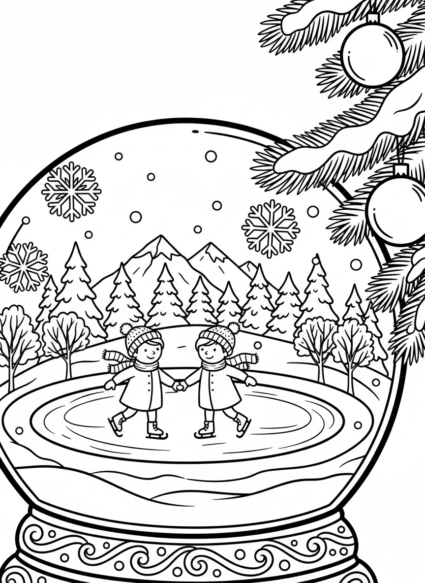 A snow globe containing an ice skating rink with two children holding hands while skating, surrounded by a snowy border and falling flakes.
