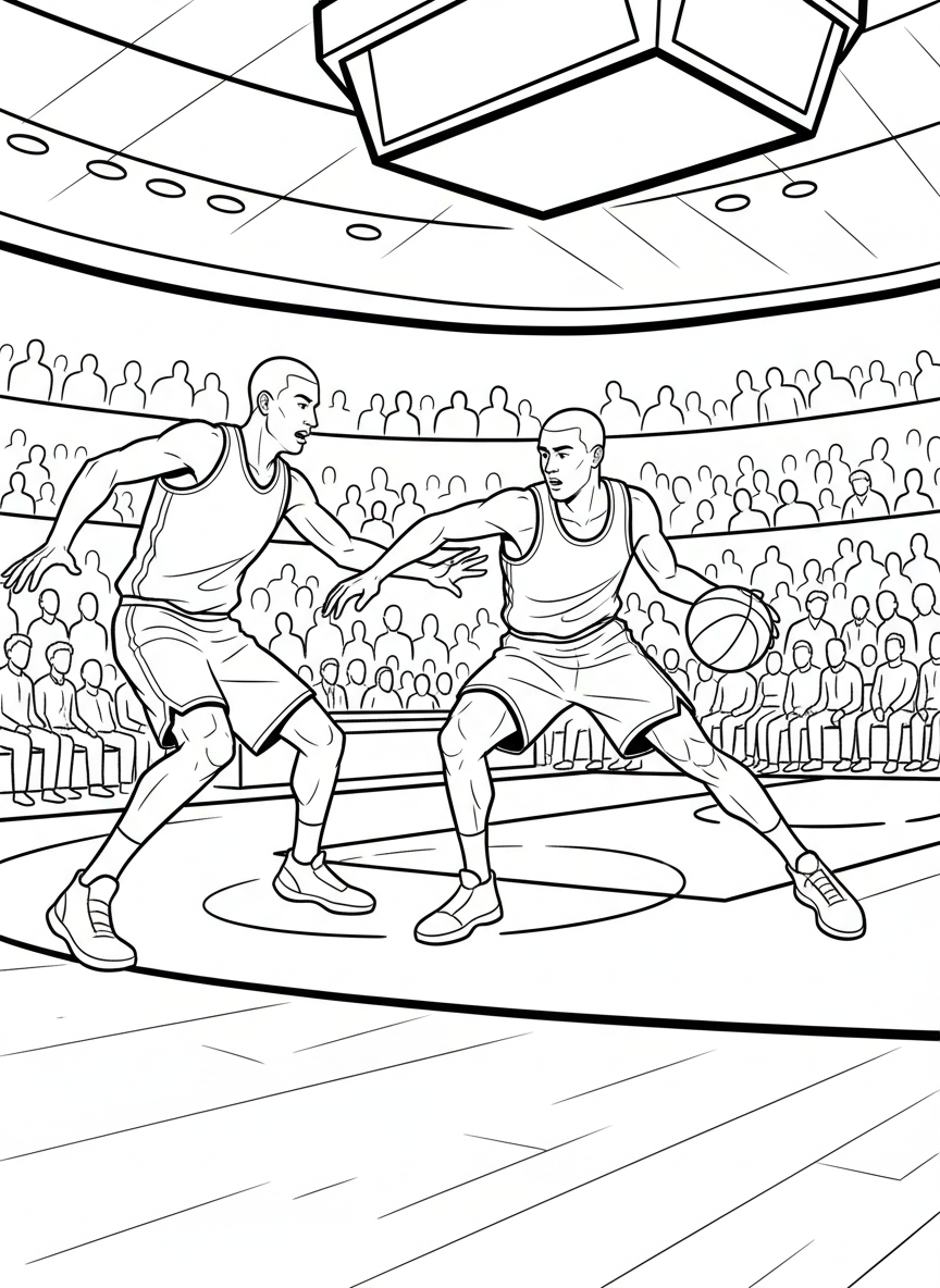A basketball player making a behind-the-back dribble move past a defender during an exciting finals play.