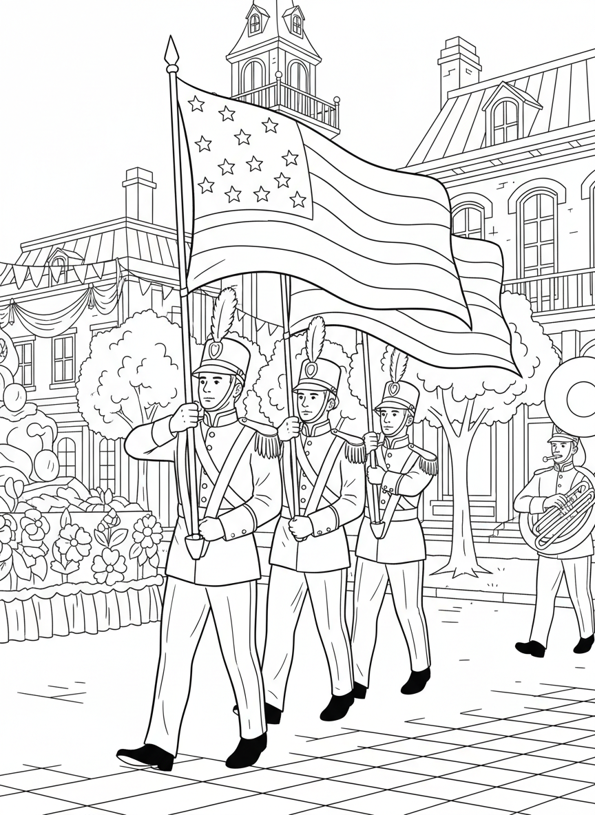 A color guard team marching in formation carrying flags, dressed in ceremonial uniforms, leading the Independence Day parade procession.