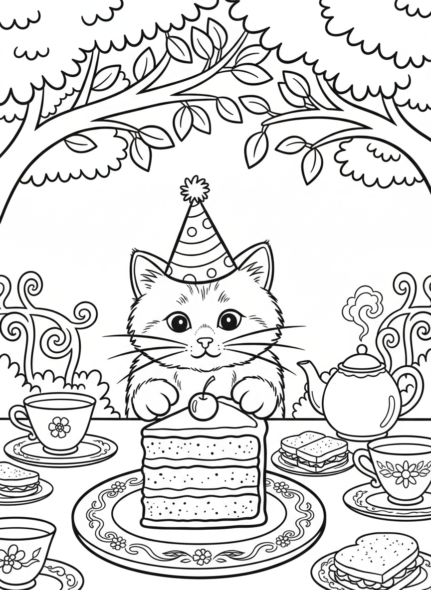 A kitten wearing a party hat reaching for a slice of layered cake on a fancy plate, playful tea party moment