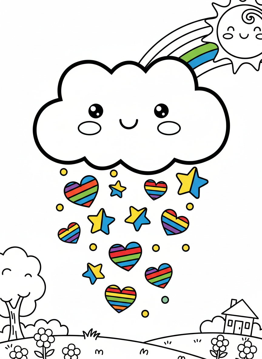 A smiling kawaii cloud raining colorful hearts and stars, with a rainbow peeking out and a happy sun in the corner