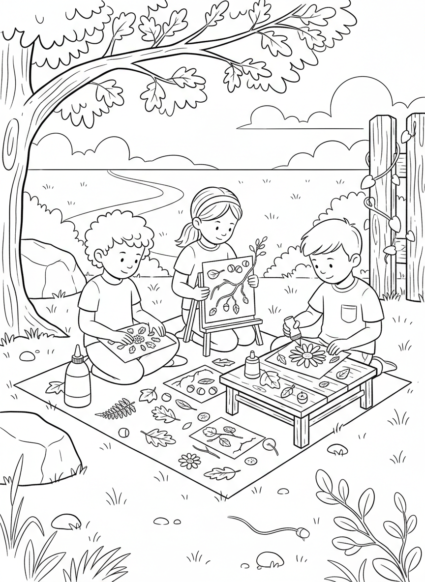 Kids making nature collages by gluing pressed leaves, flowers, and twigs onto paper in creative patterns and designs.