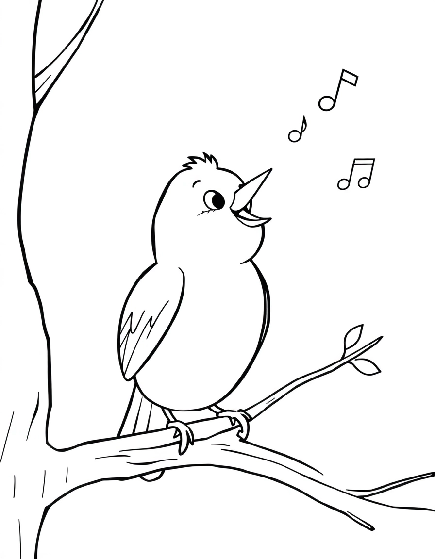 A cheerful songbird perched on a tree branch, with its beak open in song as musical notes float into the air.