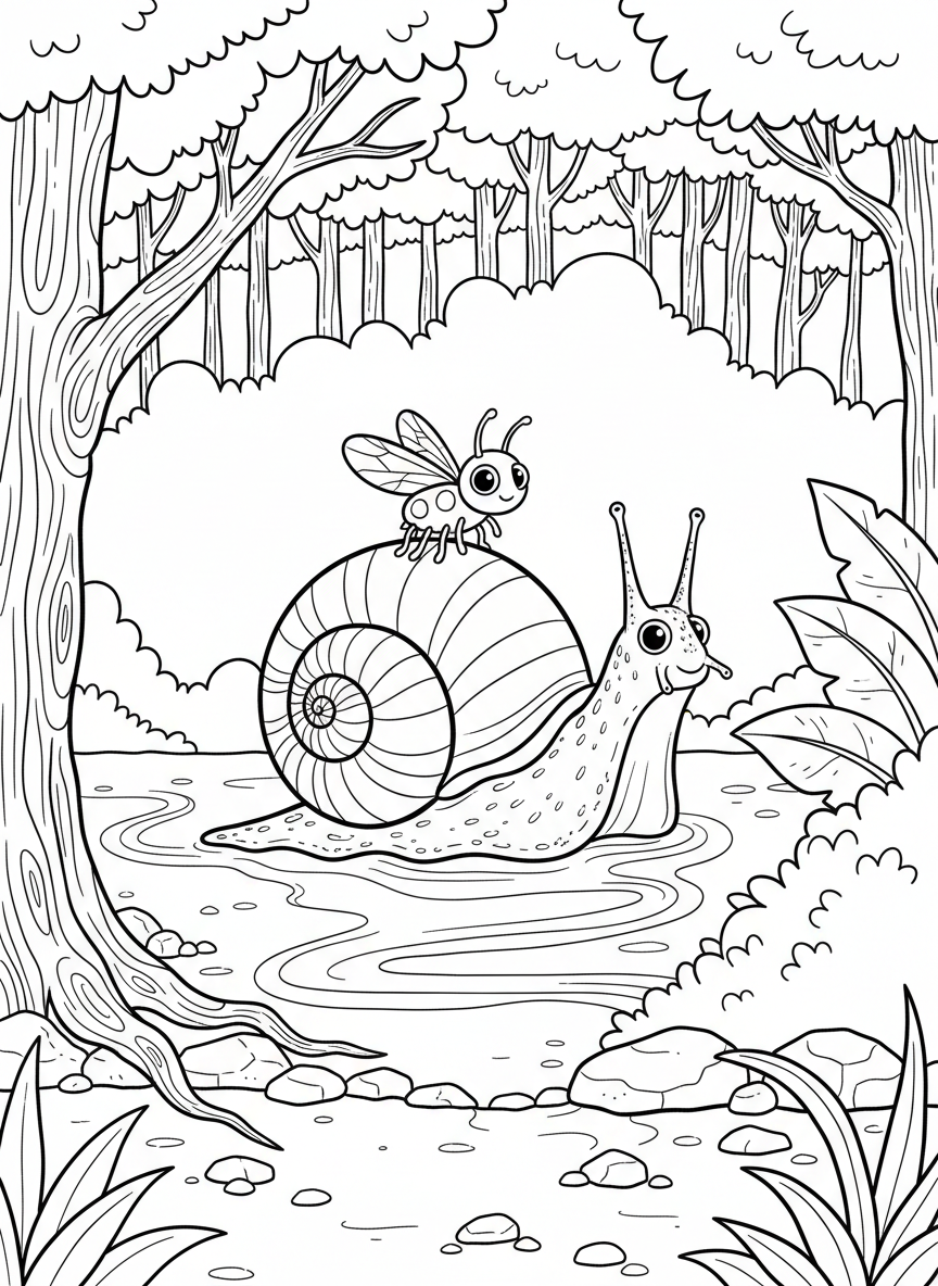 A snail with a spiral shell leaving a trail, accompanied by a small friendly bug companion.