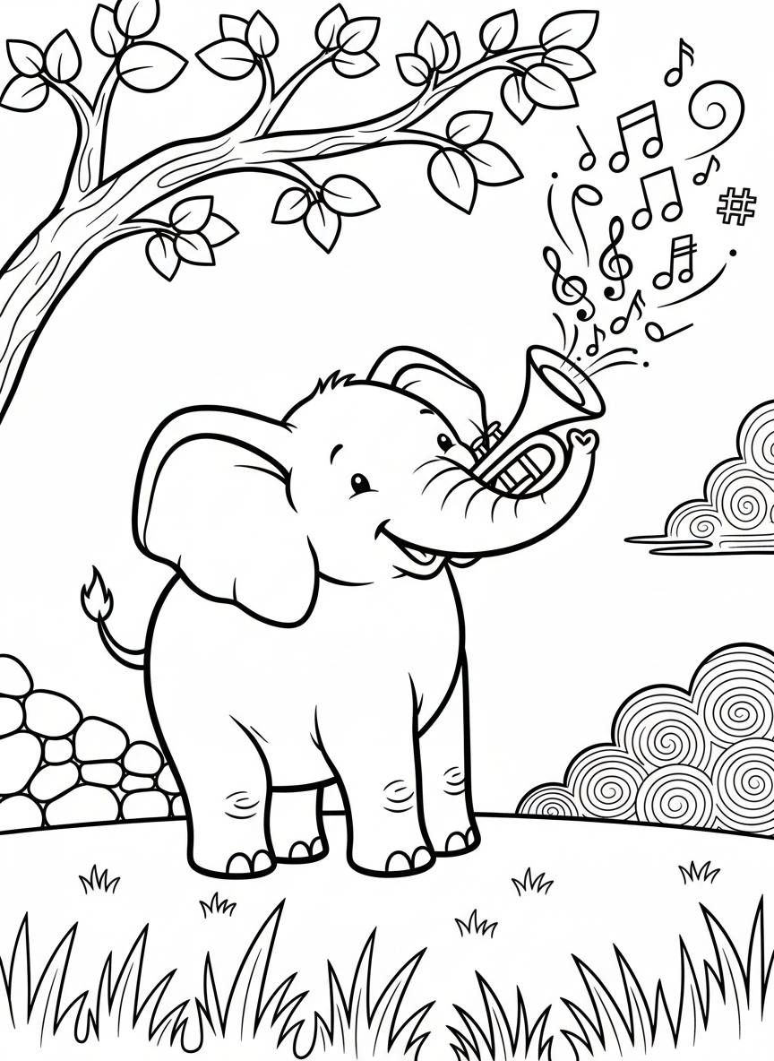 A friendly elephant using its trunk to play a trumpet, with music notes flowing out of the bell in a whimsical scene.