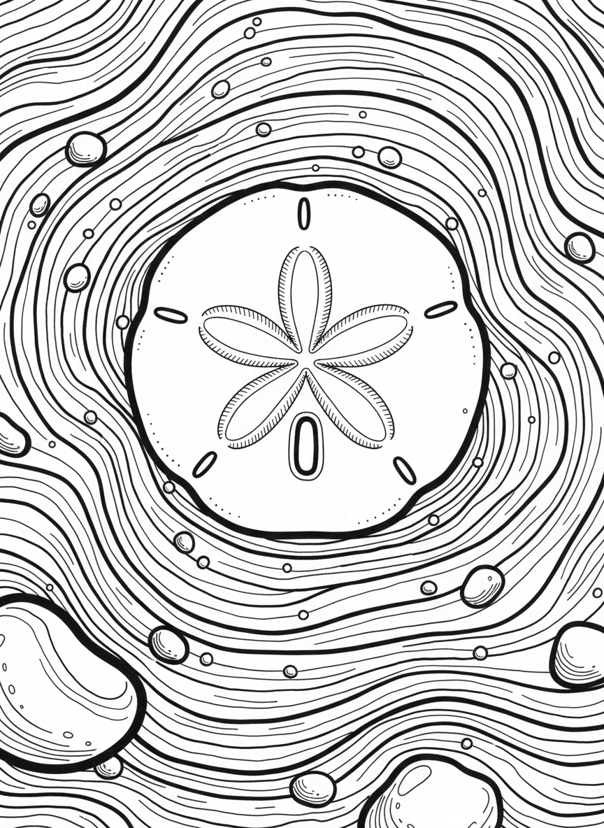 A sand dollar resting on the ocean floor surrounded by rippled sand patterns and small pebbles.